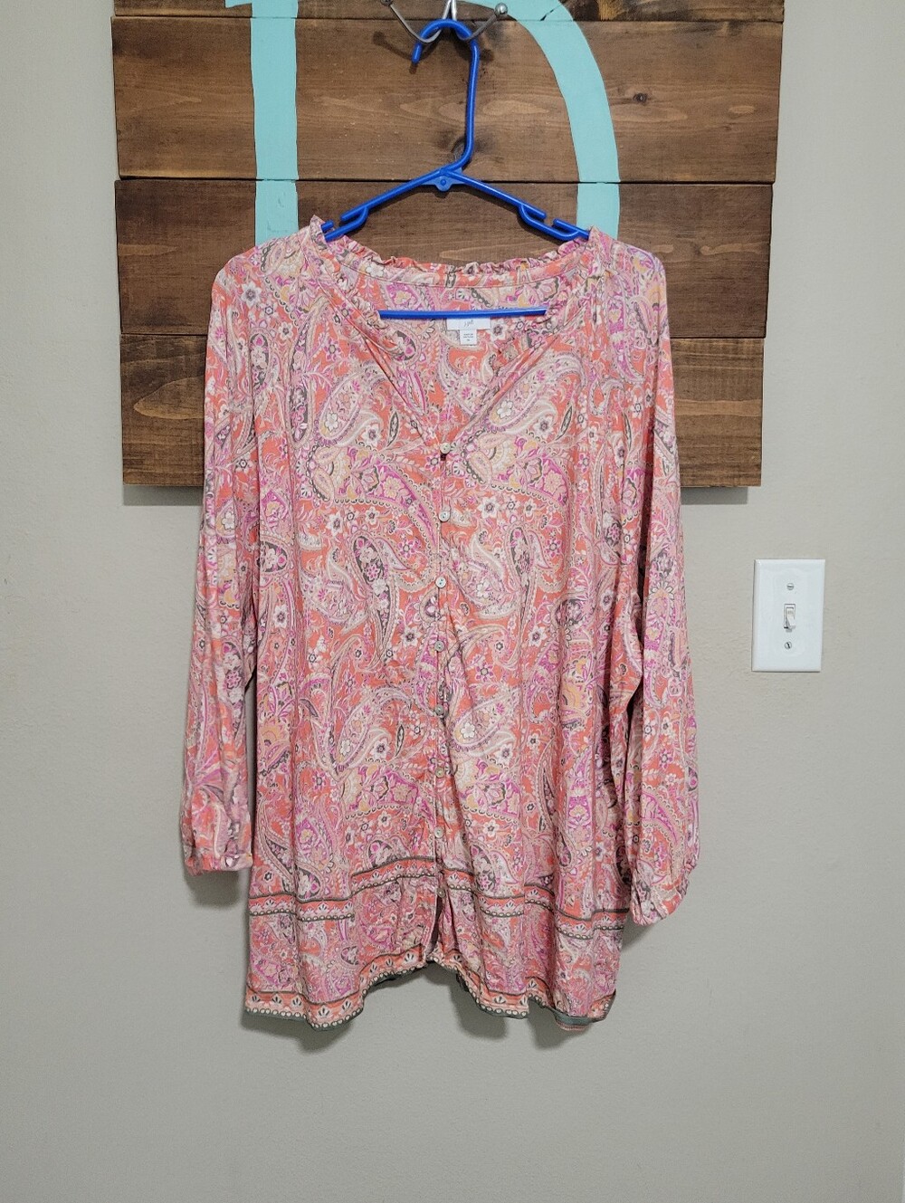 J. Jill Pink Paisley Vneck Button-Front 3/4 Sleeves Lightweight Tunic Size 3x
